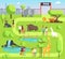 Cartoon zoo with visitors and safari animals. Happy families with kids in zoological park vector illustration