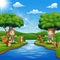 Cartoon of Zookeeper boy and girl with animal by the river