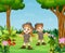 Cartoon of zookeeper boy and girl in the garden