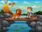 Cartoon a zookeeper and lion cross the river