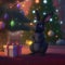 cartoonish black rabbit in front of decorated christmas tree near gift box, neural network generated art