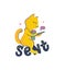 Cartoonish cat with a telephone and lettering phrase - Sent. The funny character