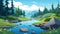 Cartoonish Forest River: Vibrant Scenery With Clear Water And Trees