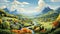 Cartoonish Illustration Of Charming Stowe, Vermont With Serene Mountains