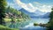 Cartoonish Illustration Of Serene Lake Placid With Charming Houses And Mountains