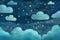Cartoonish painted clouds on a dark night or evening sky. The clouds are beautifully done in a childish style.