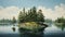 Cartoonish Realism: Atoll Of A Lake Seen Between Pine Trees