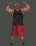 Cartoonish smiling muscular man posing showing biceps