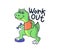 Cartoonish sport dinosaur with a lettering phrase - Work out. The green dino