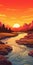 Cartoonish Sunset Landscape Illustration With Meandering River