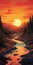 Cartoonish Sunset Landscape Illustration With Meandering River