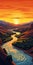Cartoonish Sunset Scene Of Meandering River Cliff In Tuscany