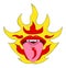 Cartoons pop art red lips on fire background. Female mouth with spicy chili pepper on tongue