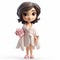 Cartoony 3d Figurine: Young Girl In White Robe Holding Red Rose