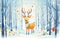 cartoony deer peering past snowy trees