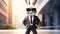 Cartoony White Bunny In Business Suit: Innovative City Background Image