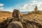 Carved face on the stone. Megalithic standing stone of Zorats Karer or Carahunge