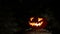 Carved Halloween pumpkin lights inside with flame on a black background close up