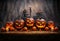 Carved Halloween pumpkins with spooky faces illuminated by candlelight, AI-generated.