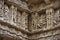 Carved inner walls of Rani ki vav, an intricately constructed stepwell on the banks of Saraswati River. Patan in Gujarat, India