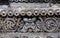 Carved patterns on historical walls of indian stone temple Hoysaleswara, India. Temple was built in 1150