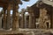 Carved pillars of at the entrance of the maha-mandapa, Achyuta Raya temple, Hampi, Karnataka. Sacred Center. View from the north-e