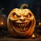 A carved pumpkin with a scary face prominently featured, illuminated in the darkness of night