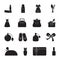 Carved silhouette flat icon, simple vector design. Set of icons on female theme. Lipstick, dress, women`s handbag, shoes, perfume,