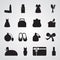 Carved silhouette flat icon, simple vector design. Set of icons on female theme. Lipstick, dress, women`s handbag, shoes, perfume,