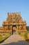 Carved Stone Gopuram and entrance gate of the Brihadishvara Temple, Thanjavur, Tamil Nadu, India.