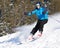 Carving skier in powder snow with spray