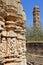 The carvings of Samideshwar Hindu Temple with the Tower of Victory in the background, located inside the fort Garh of Chittorga