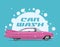 Carwash service concept illustration with side view cartoon retro pink car and white soap bulbs and car wash caption