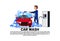 Carwash Service Icon With Worker Cleaning Vehicle Over Copy Space Background