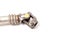 The carâ€™s spare part is a metal cardan shaft on a white background with