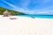 Cas Abao beach - paradise white sand Beach with blue sky and crystal clear blue water in Curacao, Netherlands Antilles, a