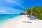 Cas Abao beach - paradise white sand Beach with blue sky and crystal clear blue water in Curacao, Netherlands Antilles, a