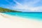 Cas Abao beach - paradise white sand Beach with blue sky and crystal clear blue water in Curacao, Netherlands Antilles, a