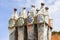 Casa Batllo, housetop , chimneys with ceramic mosaic, Barcelona