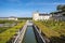 Cascade canal in the middle of beautiful renaissance park with chateau Villandry on the background, Loire region, France.