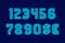 Cascade numbers and currency signs with blue neon glow