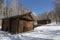 Cascade of three ancient water mills in Irkutsk architectural and ethnographic Museum `Taltsy`, Irkutsk region