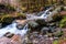 Cascades and small waterfalls on a mountain stream or creek, between rocks, in Glendalough forest Park in autumn, Ireland