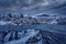 Cascadfa Rio Paine. Winter lanscape from Patagonia moutains with snow. Rio paine, Torres del Paine National Park, Chile. Twilight