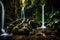 A cascading, multi-tiered waterfall hidden within the depths of a lush, untouched rainforest