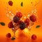 Cascading Raspberry Splash: Vibrant Berries Diving into Water with a Burst of Orange