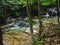 Cascading river with beautiful river thresholds in the green spring forest. Crimean mountains at spring