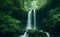 A cascading waterfall hidden within a lush, emerald-green rainforest