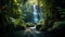 A cascading waterfall in a lush, tropical rainforest, framed by vibrant foliage