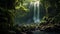 A cascading waterfall in a lush, tropical rainforest, framed by vibrant foliage